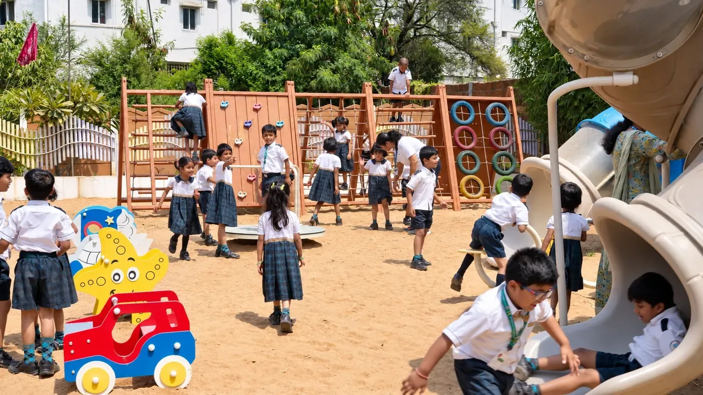 Early years students playing on the climbing frames and slides
