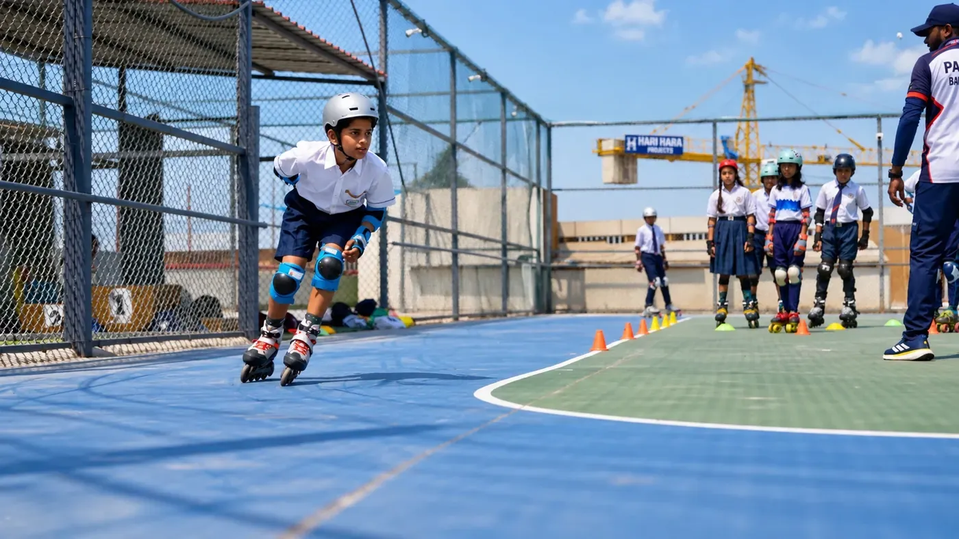 Students practising roller skating on the school skating rink