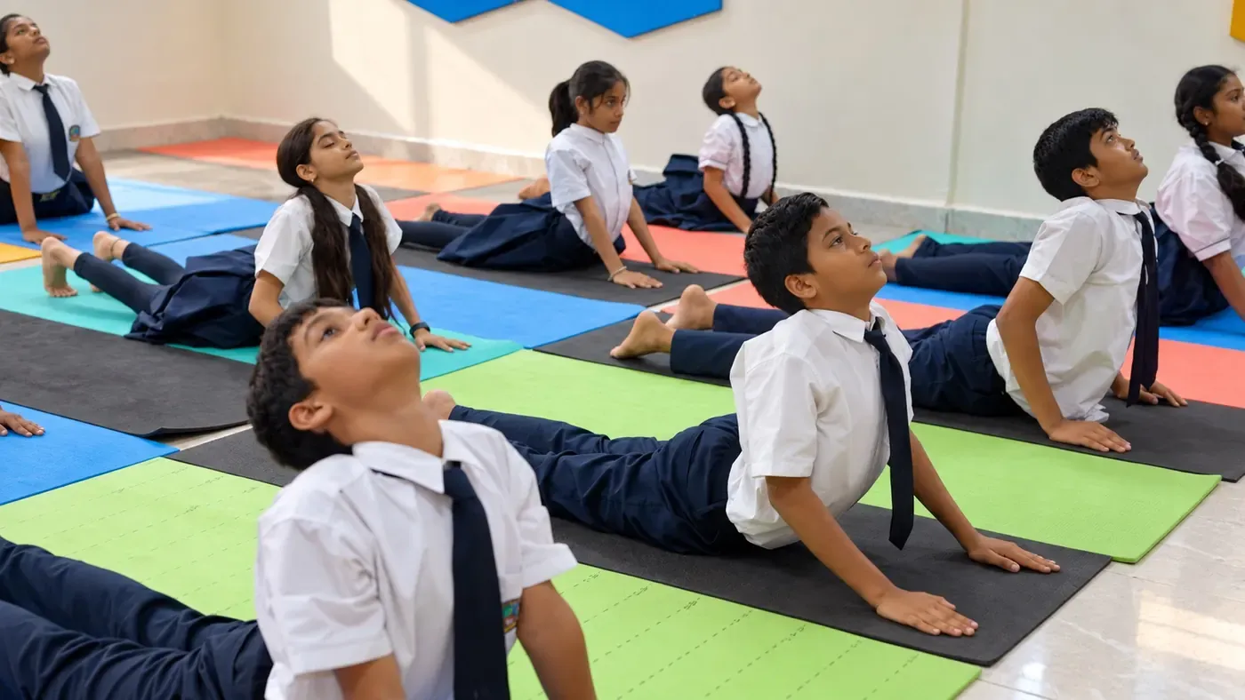 Students holding the cobra pose in yoga class