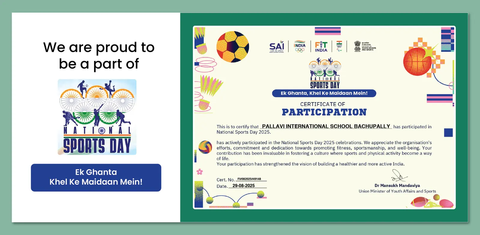 National Sports Day 2025 certificate of participation, PIS Bachupally